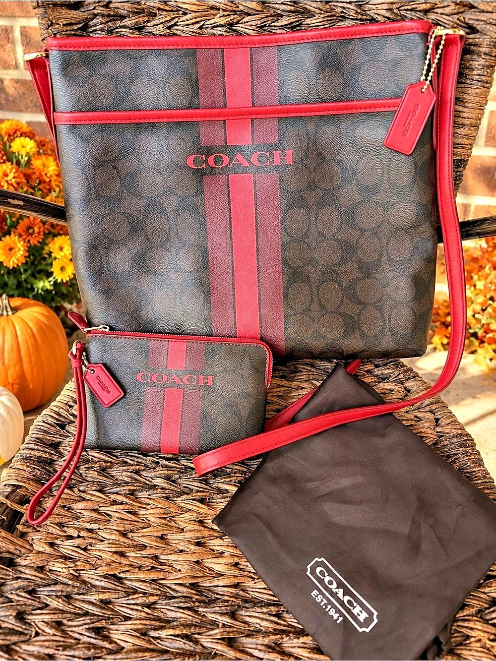 Coach Signature Varsity Stripe Crossbody Bag + Matching Wristlet & Dust Bag